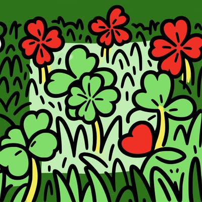 a field of three leaf clovers with 1 hidden four leaf clover