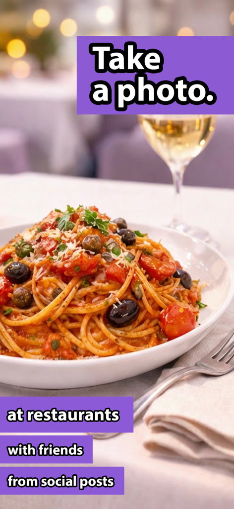 Anna's Kitchen: Snap & Cook - A plate of spaghetti pasta with tomatoes and olives at a restaurant with text explaining how to take a photo of food to generate recipes