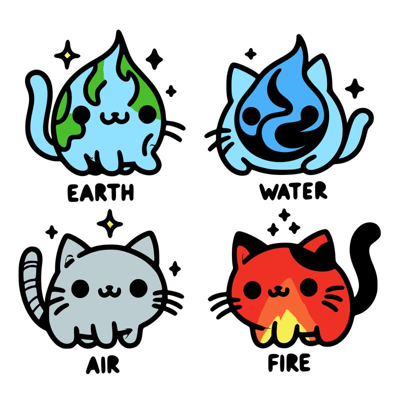 4 cats that represent the different elements, earth, water, air, and fire