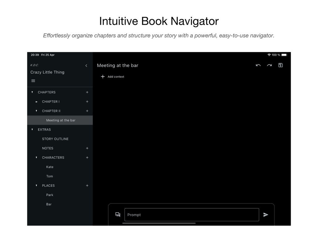 neverlabs AI Writer - Interfaz de la aplicación neverlabs AI Writer mostrando el navegador de libros con capítulos, personajes y lugares en modo oscuro.