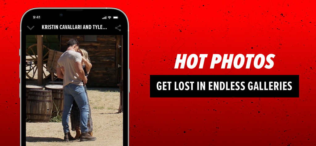TMZ - TMZ app interface showing a celebrity photo gallery titled Hot Photos with a red background.