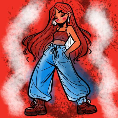 girl in baggy pants crop top and long hair
