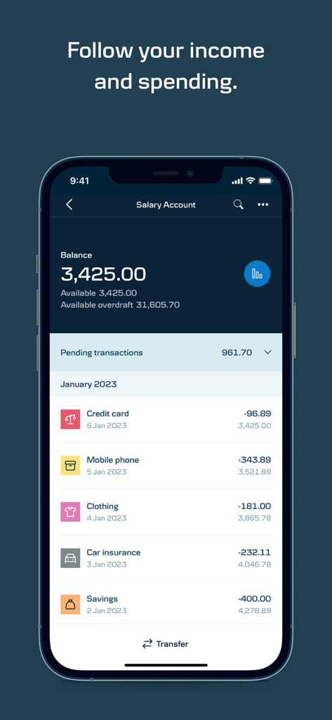 Interfaz de la aplicación móvil Danske Bank UK que muestra el saldo de la cuenta de nómina y una lista de transacciones recientes categorizadas.
