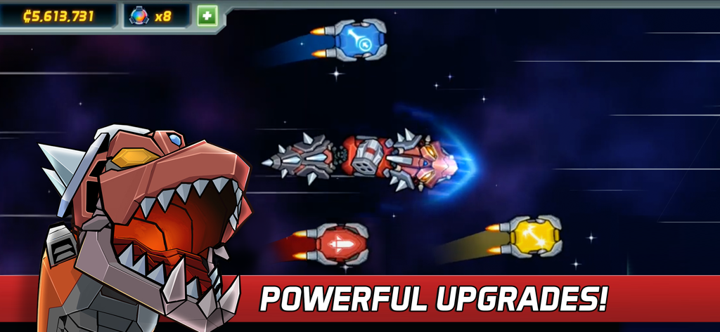 Colossatron - Colossatron gameplay screenshot showing a giant robotic dragon head and colored weapon upgrades in space.