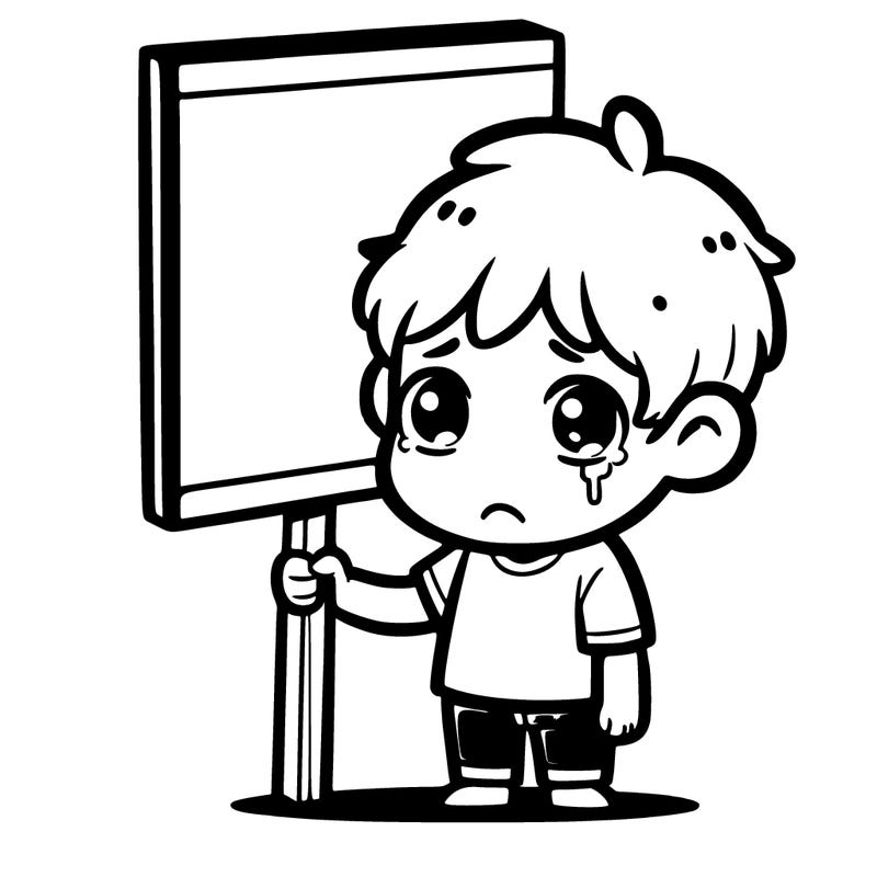 sad boy holding sign