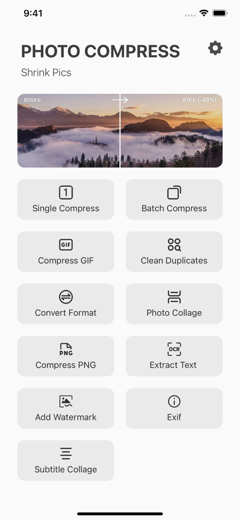 Photo Compress & Resize Images - Menu principal do aplicativo Photo Compress mostrando ferramentas e recursos de compressão de imagem