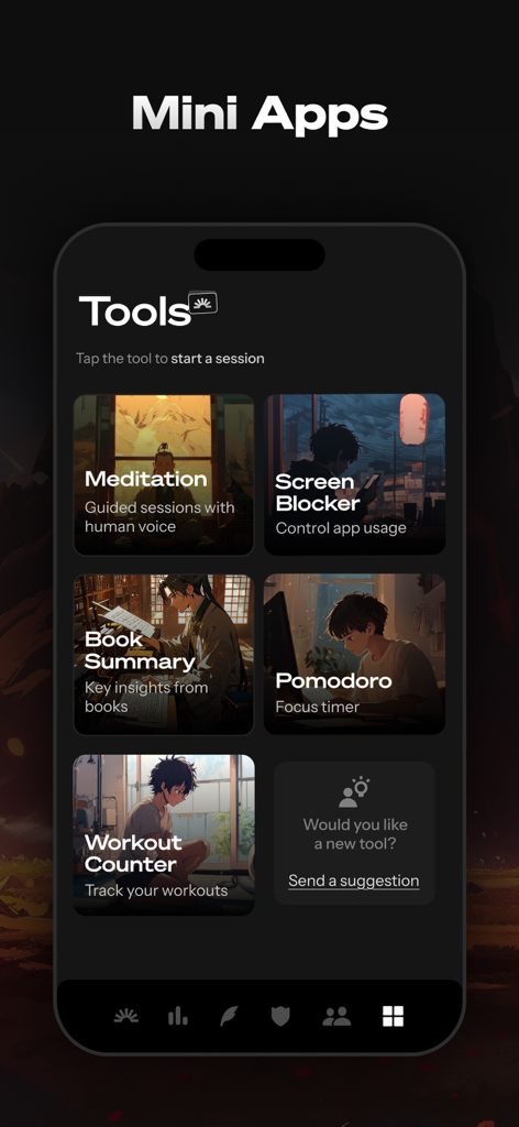 Life Reset: 66 Day Habit - Life Reset app screen showing a collection of productivity tools including meditation screen blocker book summary and pomodoro timer