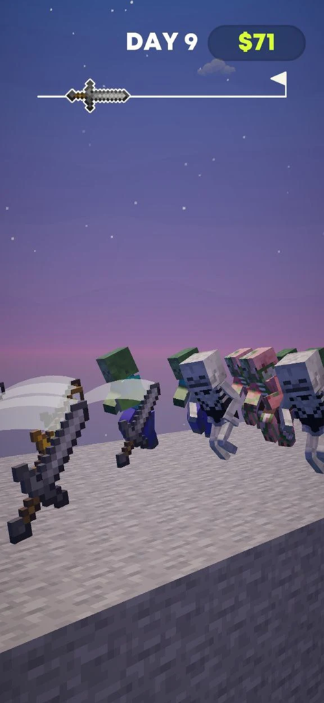 Craft Slasher - Gameplay of Craft Slasher showing swords attacking a group of blocky skeleton and zombie mobs.