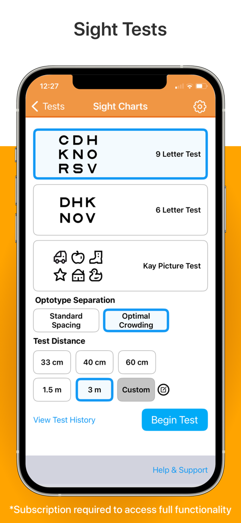 Screen showing different vision test options and distance settings in the Kay iSight app