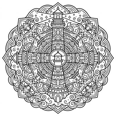 Embark on a creative voyage with this stunning Lighthouse in Fog Mandala coloring page. Its intricate details and symmetrical design offer a truly captivating and relaxing artistic experience for all skill levels.