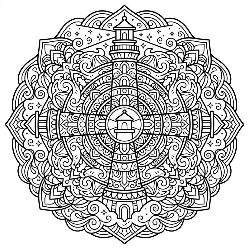 Embark on a creative voyage with this stunning Lighthouse in Fog Mandala coloring page. Its intricate details and symmetrical design offer a truly captivating and relaxing artistic experience for all skill levels.