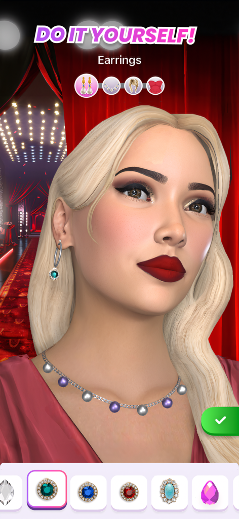 Makeover Star 3D: Beauty Games - Un personaje femenino en 3D con lápiz labial rojo y eligiendo pendientes en un juego de belleza