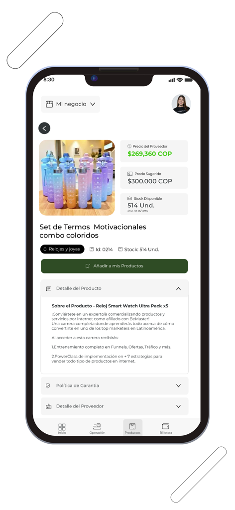 Interface do aplicativo móvel Mastershop mostrando uma listagem de produtos com preço do fornecedor e estoque disponível para dropshipping.