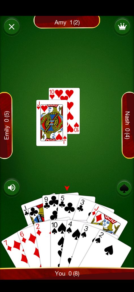 Spades: Card Game - Gameplay of Spades card game on a mobile device featuring a classic green table and a hand of cards