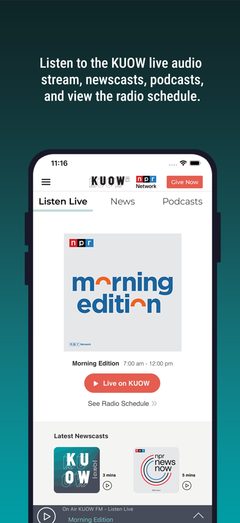 KUOW Puget Sound Public Radio - Interface of the KUOW Puget Sound Public Radio app on iPhone showing the Morning Edition live stream