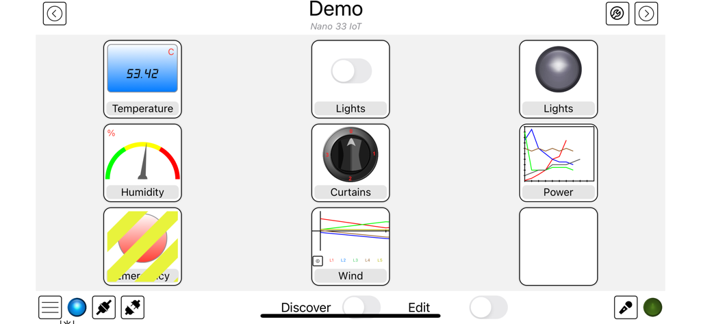 Arduino Manager dashboard interface with widgets for temperature, humidity, and lighting control.