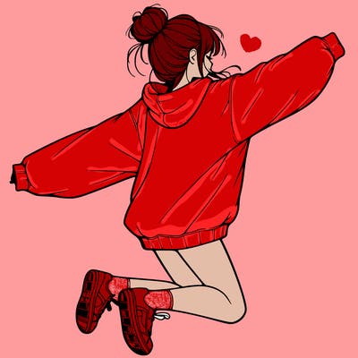 realistic girl jumping with a bun and oversized sweatshirt
