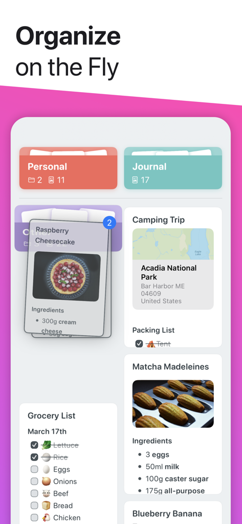 Interfaz de la app Noto mostrando varias tarjetas de notas para recetas y planes de viaje organizadas en un diseño limpio