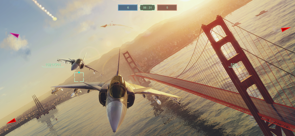 Sky Gamblers - Air Supremacy 2 - Jet fighters in a dogfight over the Golden Gate Bridge in San Francisco at sunset.