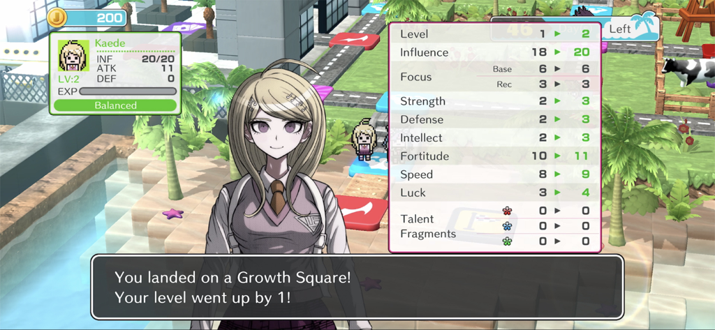 Danganronpa S: Ultimate Summer - Kaede Akamatsu leveling up on a growth square in the Danganronpa S board game mode