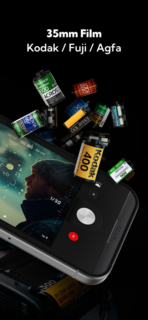 Vintage film canisters like Kodak and Fuji floating around a smartphone showing the FILCA app manual camera interface