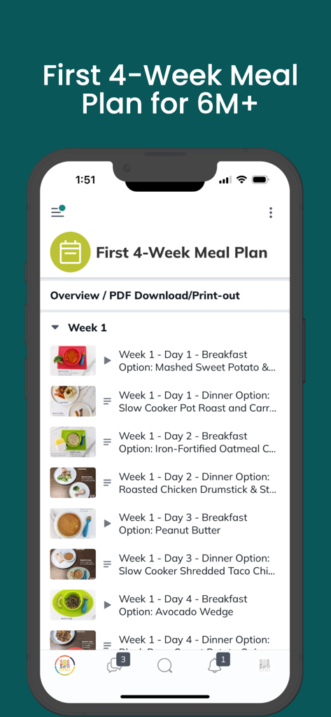 Interface de l'application 101 avant un an montrant un plan de repas de quatre semaines pour les bébés à partir de six mois.