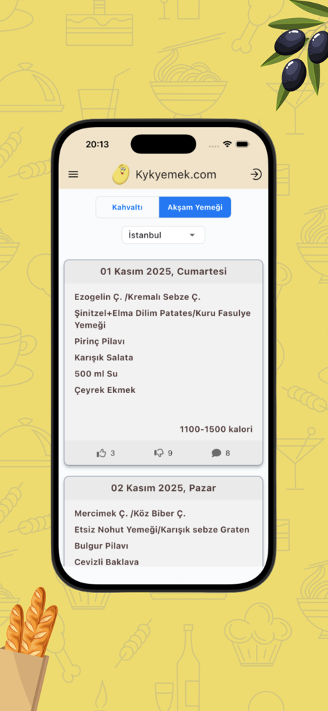 Kykyemek - Yurt Yemek Menüleri - Kykyemek app display of a student dormitory dinner menu with meal options and calorie count