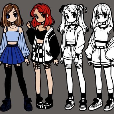 one girl with crop-top shirt and a jacket with a skirt, long socks and another girl with a shirt and pants with a jacket