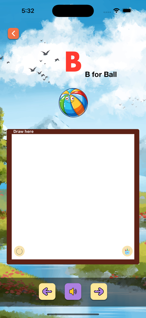 Bildschirm der Lern-App für den Buchstaben B mit einer Ball-Illustration und einem Schreibbereich für Kinder