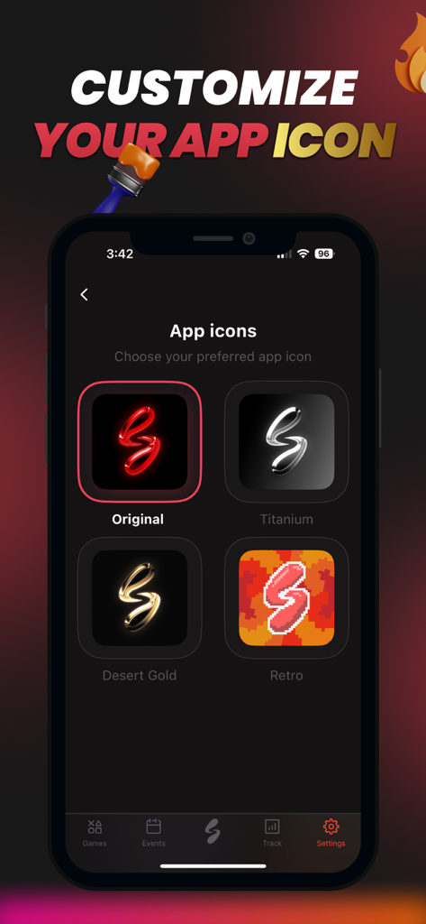 Customizable app icon selection screen in Scarleet Mode app showing various style options.