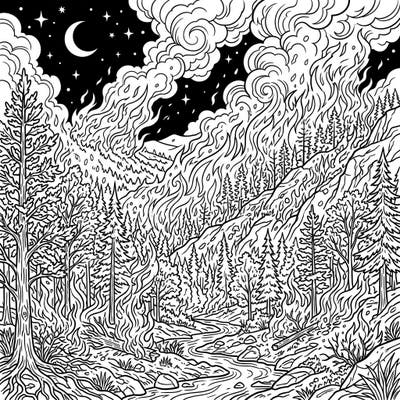 Immerse yourself in the captivating drama of a wildfire under the night sky with this intricate coloring page. Experience the raw power of nature as flames consume a forest landscape illuminated by the moon and stars.