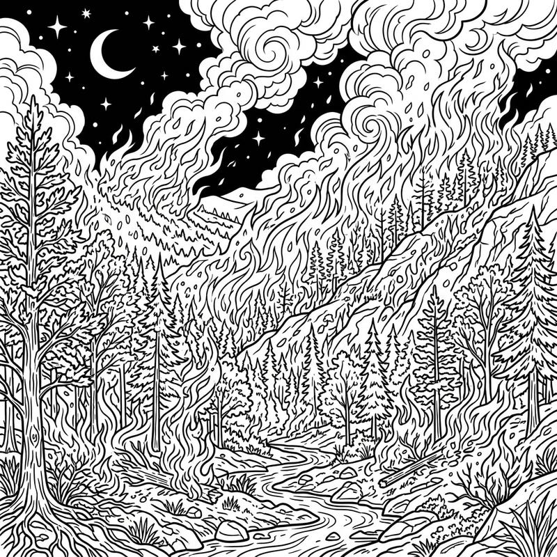 Immerse yourself in the captivating drama of a wildfire under the night sky with this intricate coloring page. Experience the raw power of nature as flames consume a forest landscape illuminated by the moon and stars.