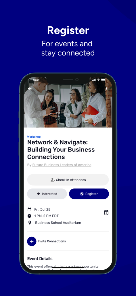 Veranstaltungsregistrierungsbildschirm in der IB Connect App für einen Business-Networking-Workshop.