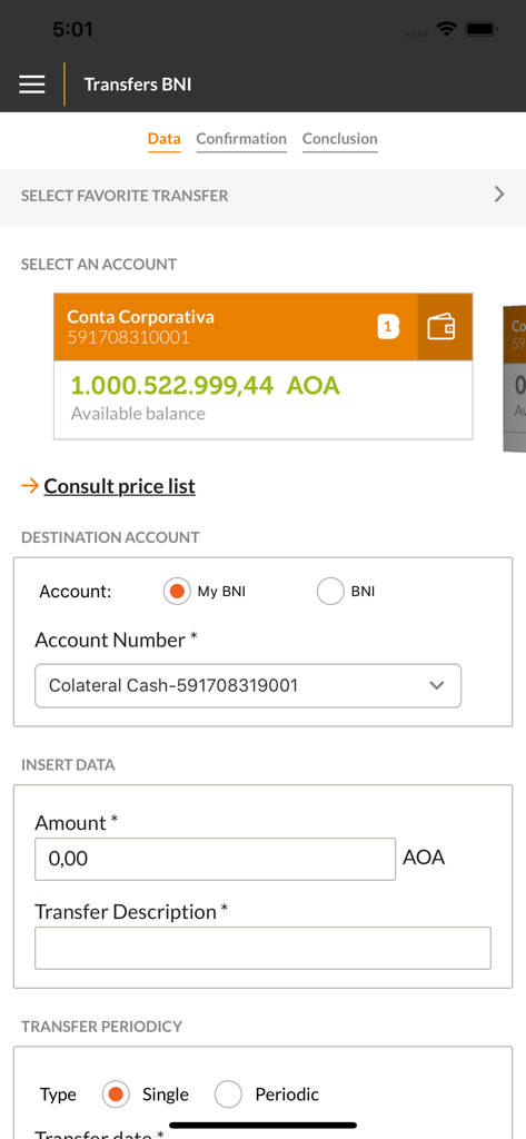 BNI NET Empresas - Corporate bank transfer interface in the BNI NET Empresas mobile app showing account balance and transaction fields