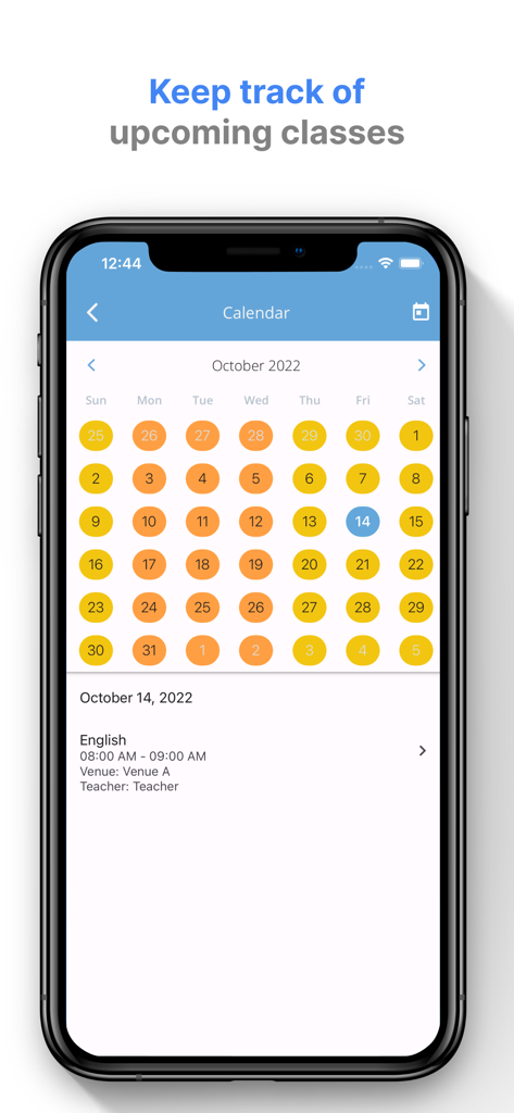 A mobile interface of the AOne app displaying a monthly calendar to track upcoming classes and schedules
