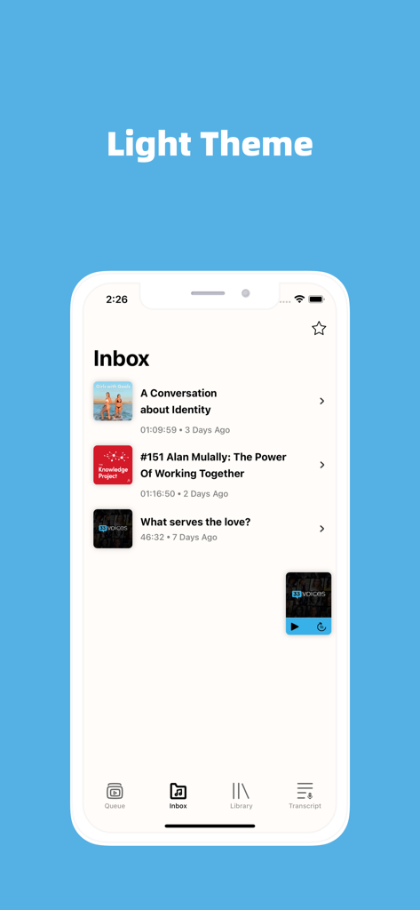 Lightcast - AI Podcast Player - Lightcast AI Podcast Player inbox interface in light theme