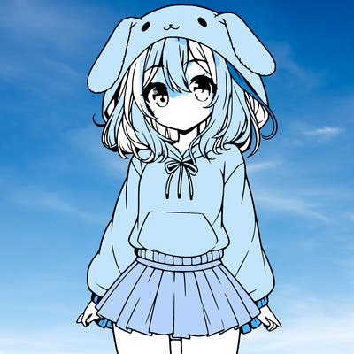 pretty anime girl wearing a fluffy hoodie with bunny ears on the hood and a skirt