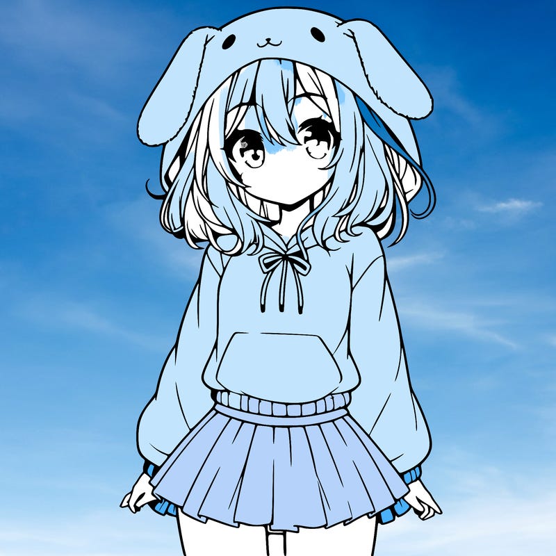 pretty anime girl wearing a fluffy hoodie with bunny ears on the hood and a skirt