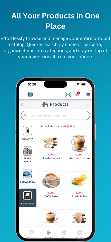 MAKHAL - Interfaz de la aplicación MAKHAL que muestra una lista de productos de café y navegación por categorías para la gestión del inventario del negocio