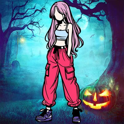 girl in baggy pants crop top and long hair