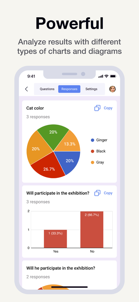 Forms for Google Fоrms - A mobile interface showing survey response data through colorful pie and bar charts.