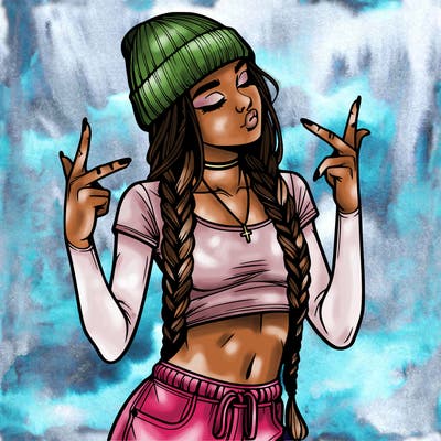 realistic teenage girl with braids and a beanie and crop top doing 🫶🏼