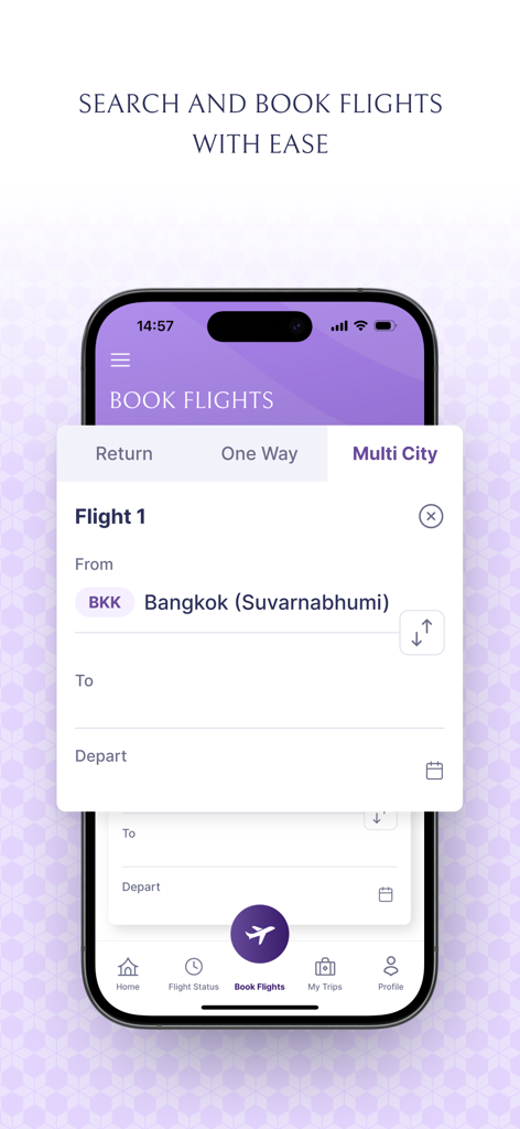 Thai Airways - Interfaz de reserva de vuelos multiciudad en la aplicación móvil Thai Airways
