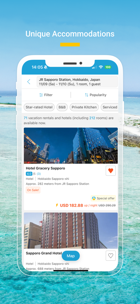 AsiaYo: Travel | Stays | Tours - Interfaz de la aplicación móvil AsiaYo que muestra resultados de búsqueda de alojamientos únicos para hoteles en Sapporo, Japón.