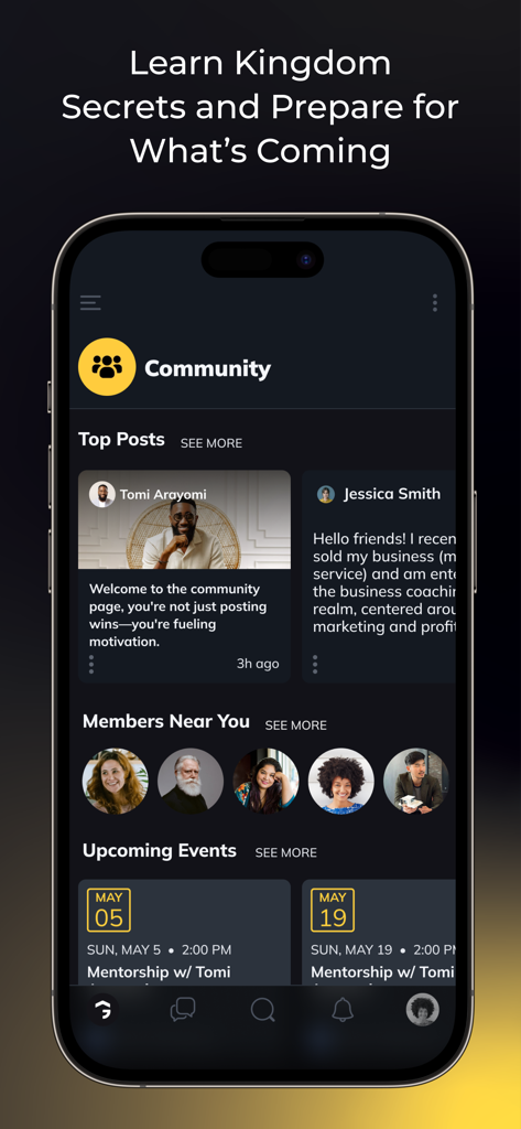 Goshen - The community screen of the Goshen app featuring top posts, nearby members, and upcoming mentorship events.
