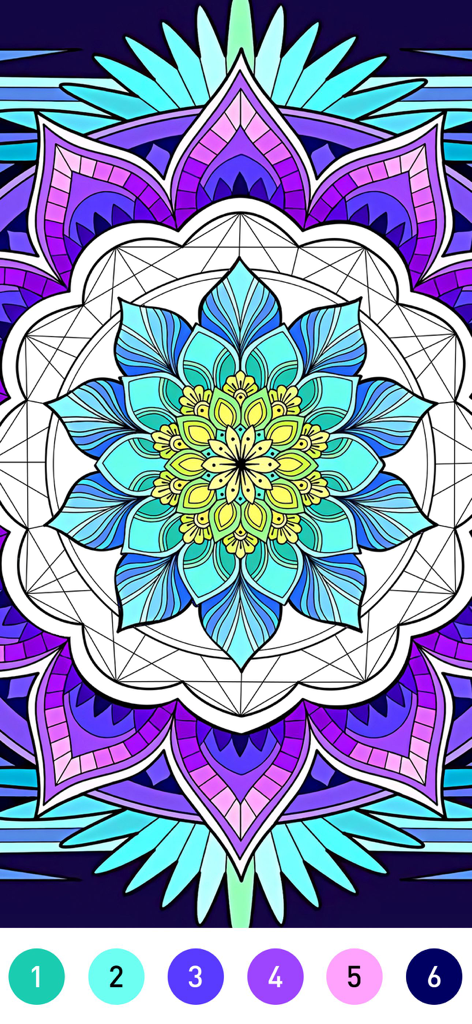 Une conception complexe de mandala en cours de coloriage numérique dans une interface de jeu mobile de coloriage par numéro.