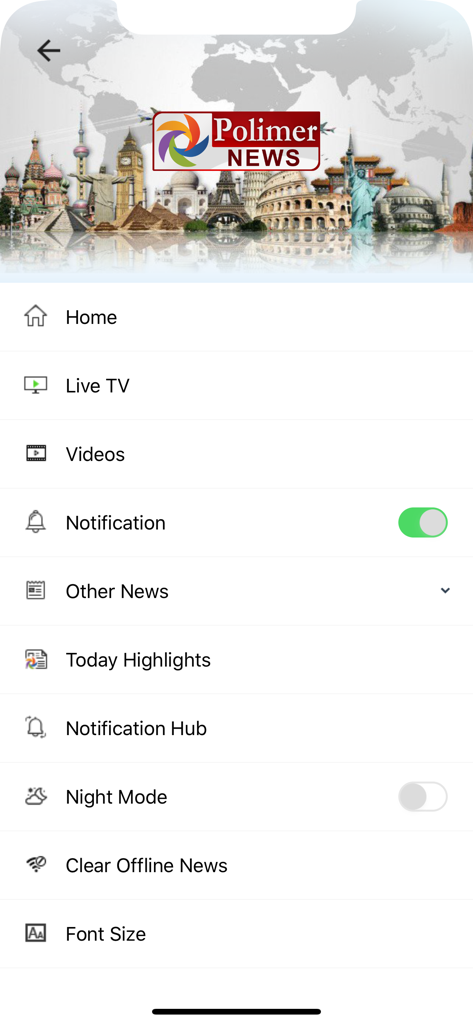 Polimer News - Polimer News app navigation menu featuring options for Live TV, Videos, and app settings like Night Mode and Notification Hub.