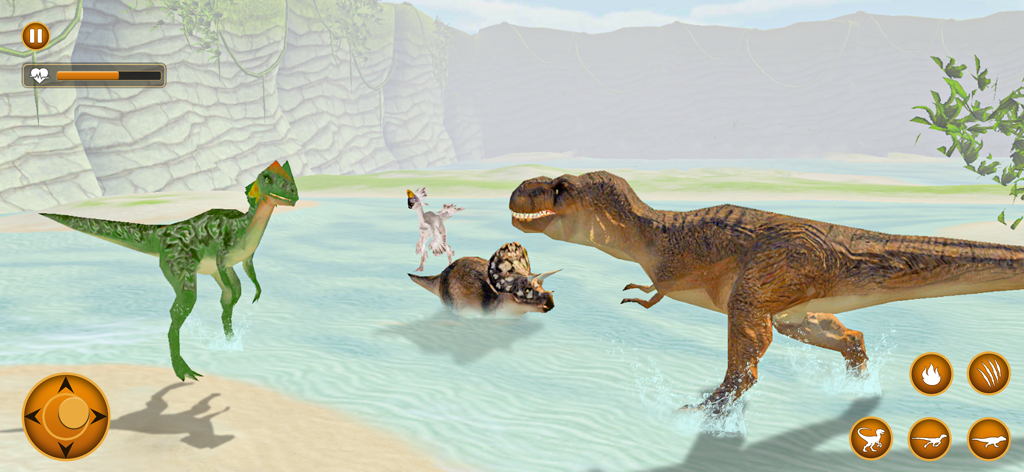 Jurrassic Dinosaur Games - Varios dinosaurios, incluyendo un T-Rex y un Dilophosaurus, en un entorno acuático prehistórico