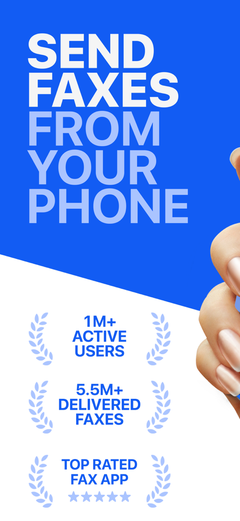 Pantalla promocional de la aplicación Fax It que muestra más de 1 millón de usuarios activos y 5.5 millones de faxes entregados