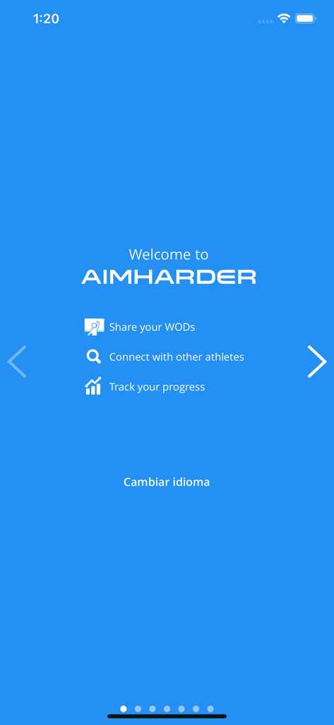 Welcome screen of AimHarder app showcasing features like sharing WODs, connecting with athletes, and tracking progress.